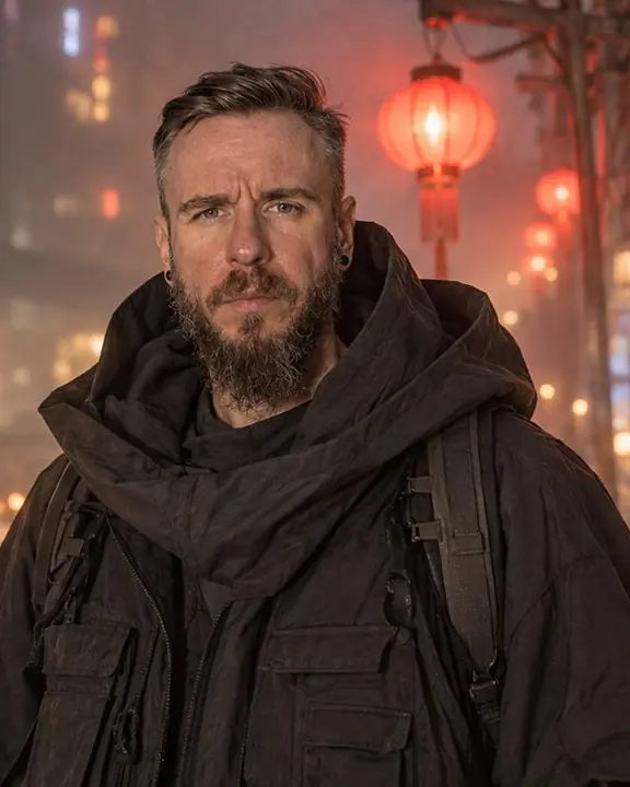 Waist-up shot of a man in a huge charcoal hood, red lanterns blurred in thick fog behind him