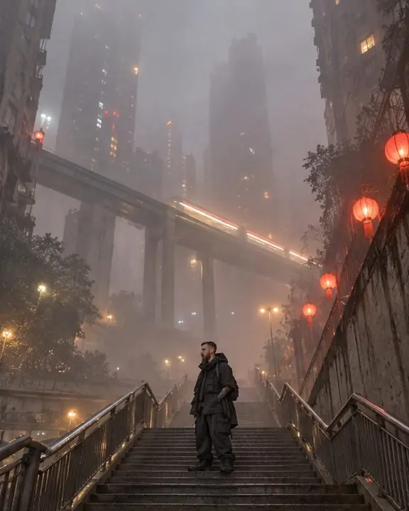 Wide shot of a small figure on stairs between foggy high-rise towers in Chongqing, warm lamps glowing