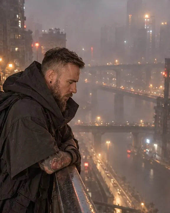 A man looks down from a railing at layers of the city stacked below in pale fog and red lantern light