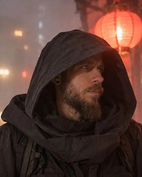 Edge of a charcoal cape-parka hood with fog and a glowing red lantern blurred behind it