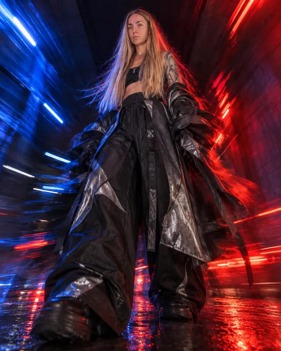 From the floor, a woman with long blond hair in wide black-and-silver trousers and coat, red and blue streaks around her
