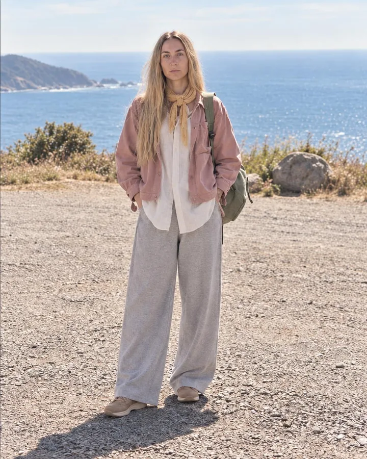 Full length of a woman with long blond hair standing square in a gravel lay-by, her long ecru shirt moving in the breeze