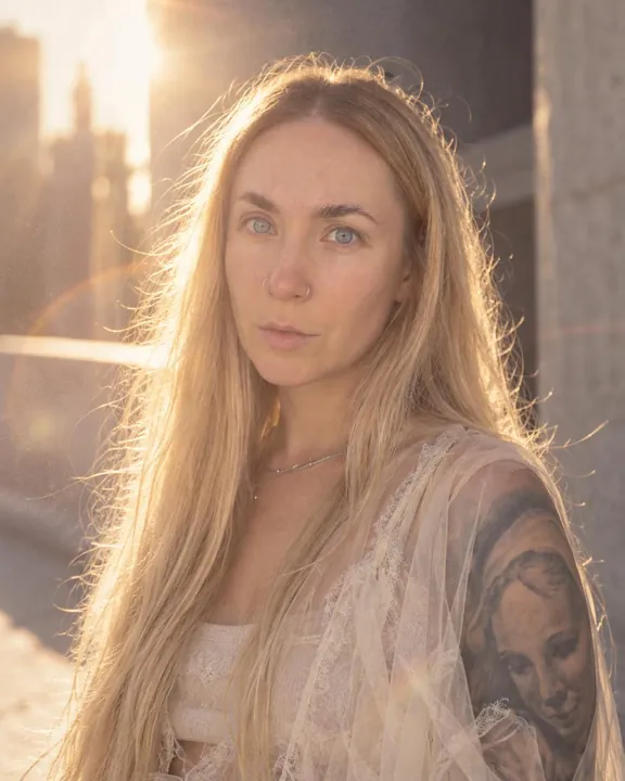 A backlit woman with long blond hair looks at the lens, sun haloing her hair, a sheer ivory lace layer, soft flare at left