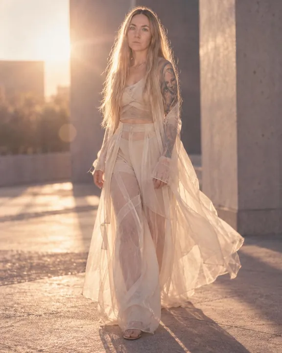 Full-length woman with long blond hair walks between concrete pillars in sheer ivory layers, low sun behind, long shadows