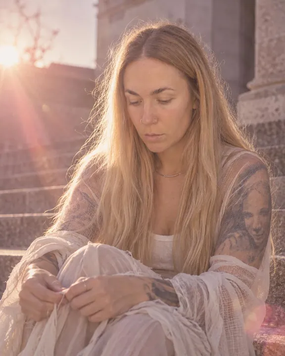 A woman with long blond hair sits on stone steps looking down at her hands, gauzy cream layers, low sun flaring
