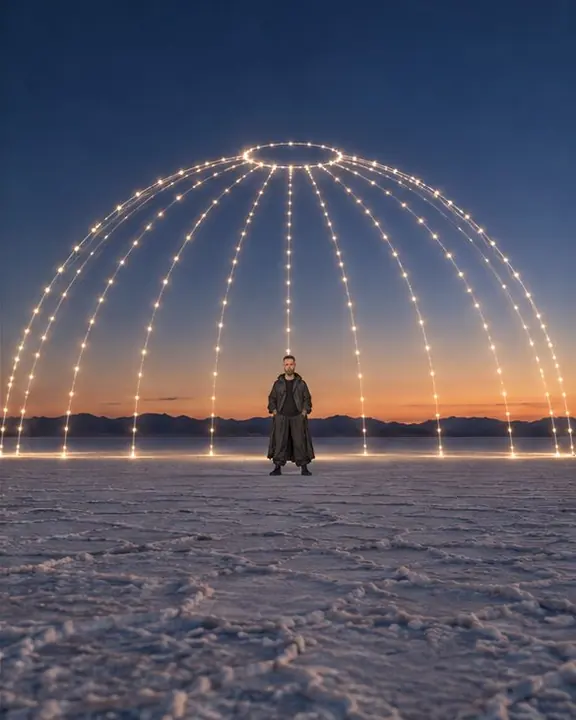 Wide dusk shot of a man, small on the salt flats under a dome of light lines, the horizon glowing low