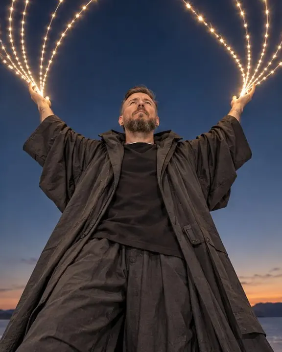 Low angle of a man raising his arms as light trails sweep up from his hands into a deep blue dusk sky