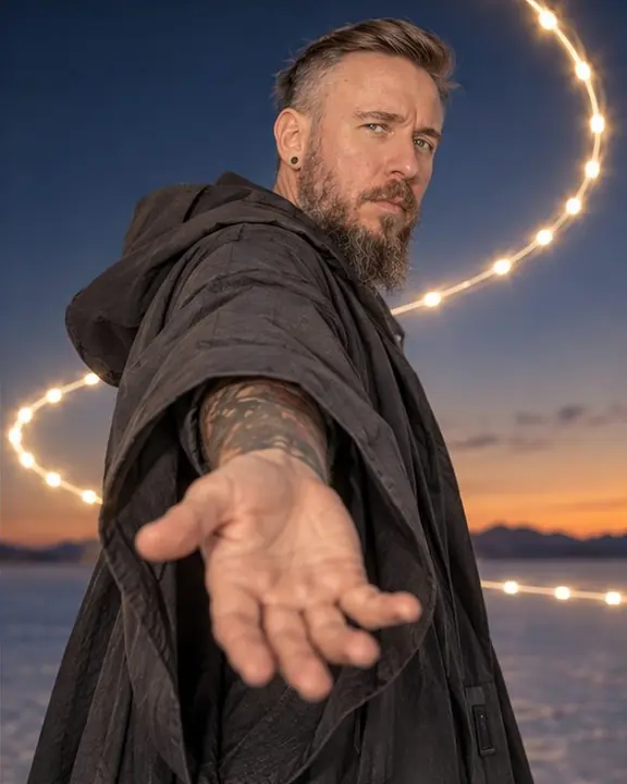 A hand and graphite robe sleeve with a thin ring of warm-white light passing behind against blue dusk