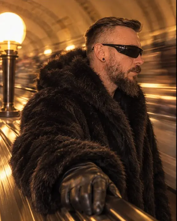 Profile of a bearded man in black fur on the handrail side of a metro escalator, amber lamps blurred
