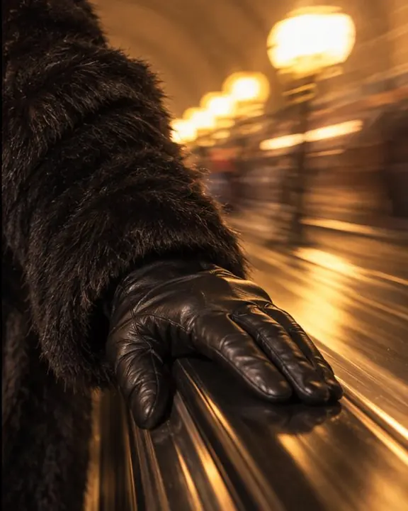 A black leather glove on a rubber escalator handrail, amber metro lamps streaked behind it