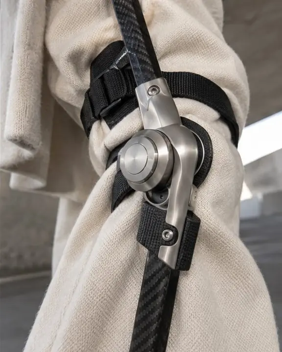 Close-up of a brushed titanium knee hinge and black webbing strap over soft cream cashmere fabric