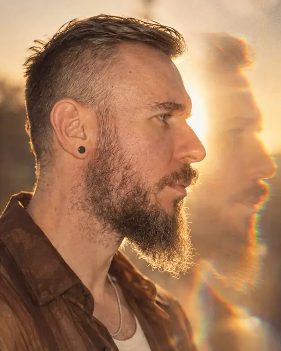 Profile of a bearded man with a translucent prism copy of the profile overlapping in front, spectral edges