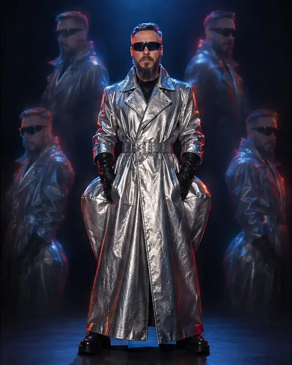 Full-length man in a liquid-silver trench centered under blue light, four ghost figures arranged in a ring