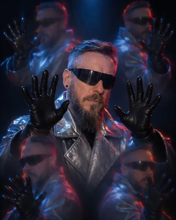 A man's raised hands in black opera gloves, repeated in a circle around the sharp central pair in blue light