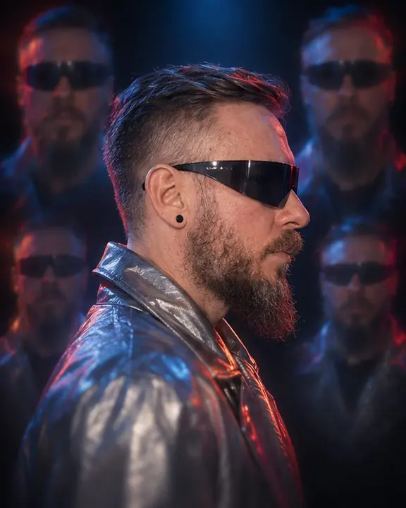 Profile of a bearded man in the center of the frame with four softer frontal echoes of his face around it