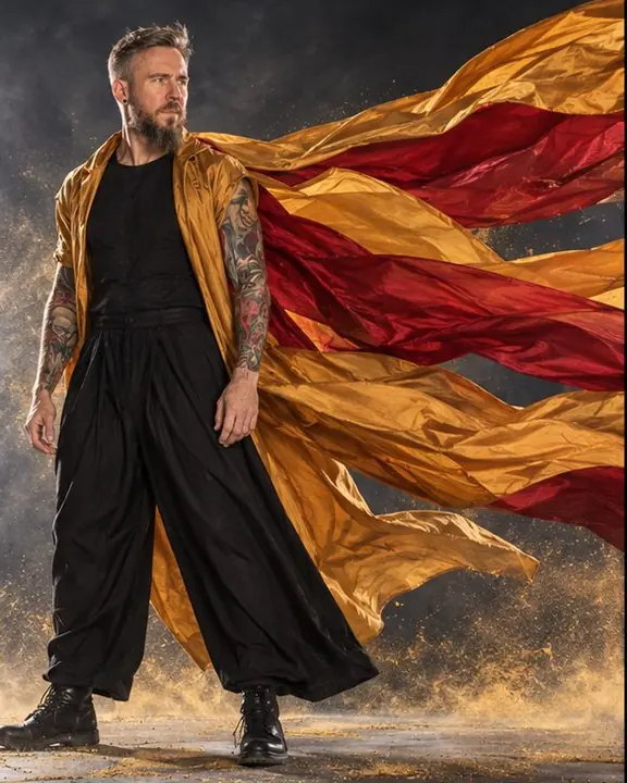 A bearded man leans into the wind as saffron silk trains stream three meters behind him across the frame