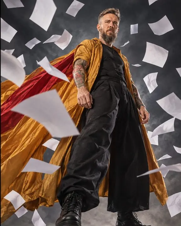 Low-angle full-length of a man in a saffron coat with dozens of white paper sheets frozen mid-air around him