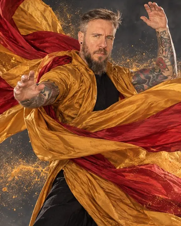A man raises his arms as saffron silk wraps around his body in a spiral, frozen against dark gray
