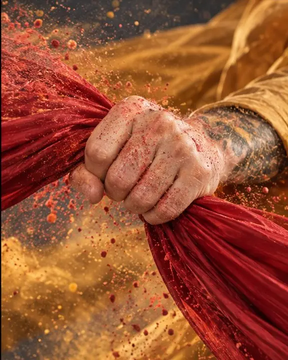 A hand grips a whipping strip of crimson silk, fine powder particles frozen around the fingers