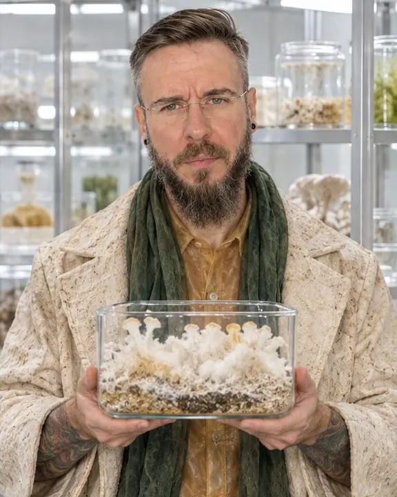 Waist-up, a bearded man holds a glass tray of growing mycelium to his chest and looks into the lens