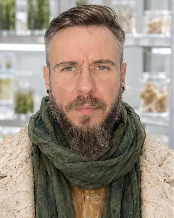 Head and shoulders of a bearded man with a deep green algae-silk scarf wrapped high, calm frontal gaze