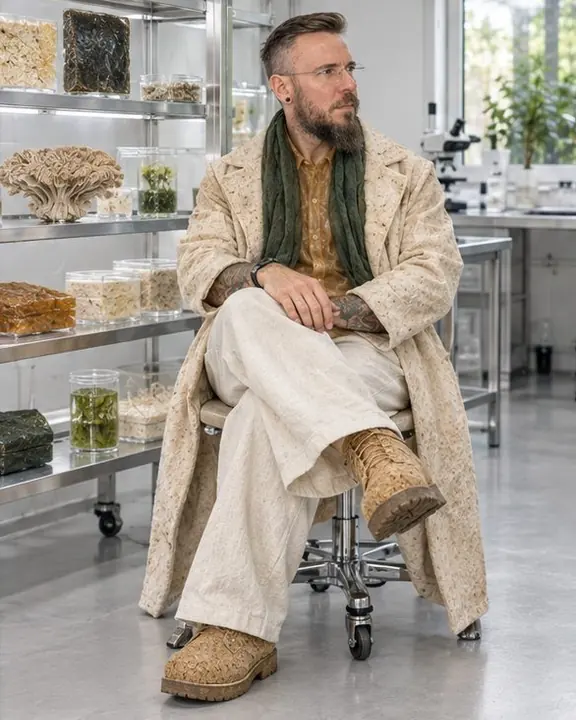 A bearded man sits on a steel stool with legs crossed beside shelves of grown material samples, looking away