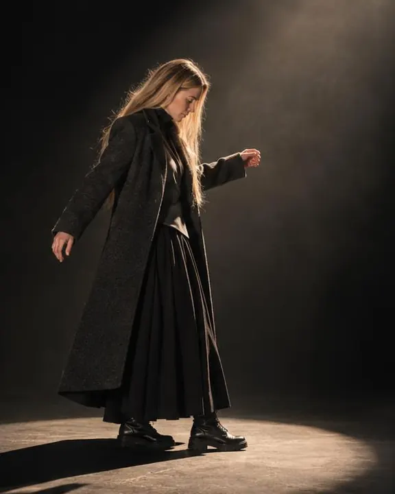 Side view of a woman with long blond hair in the center of a light oval, head bowed, arms out, a long shadow across black