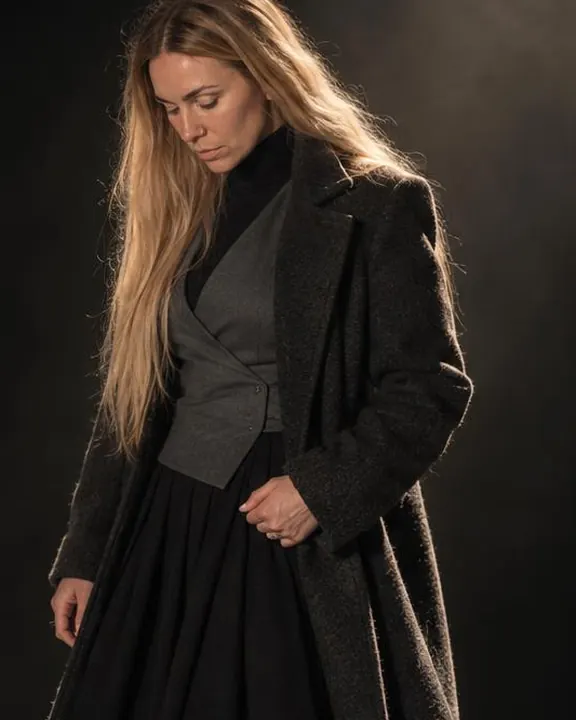 A woman with long blond hair looks down, a hand at her long wool coat edge, raking spotlight carving every fold and seam
