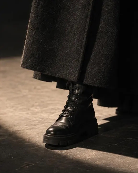The toe of a tall black lace-up boot crossing the hard edge of a spotlight oval, heavy wool coat hem above it