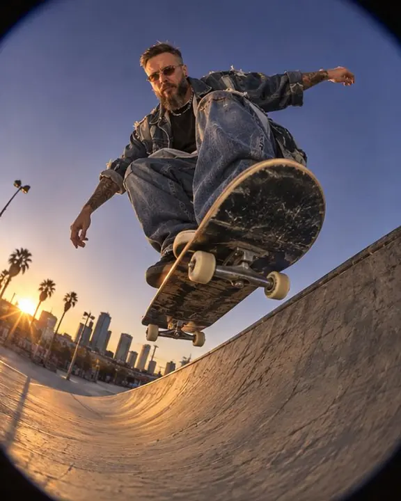 Low fisheye view of a man rolling past on a skateboard over a curved concrete ramp in warm sunset light