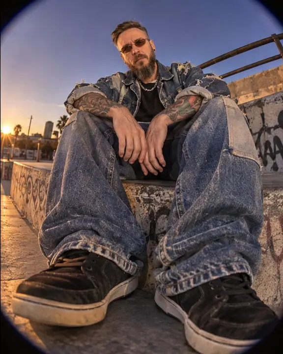 A man sits on a ledge seen from near his shoes, baggy jeans and patchwork denim curving up to his face