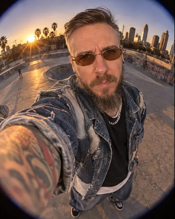 Fisheye selfie held at arm's length by a bearded man, his arm entering from the corner, sky curving behind