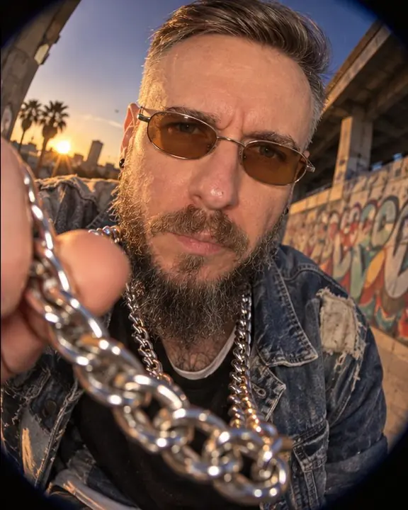 Fisheye close-up of a chunky silver chain and patchwork denim, a bearded face behind it in the center
