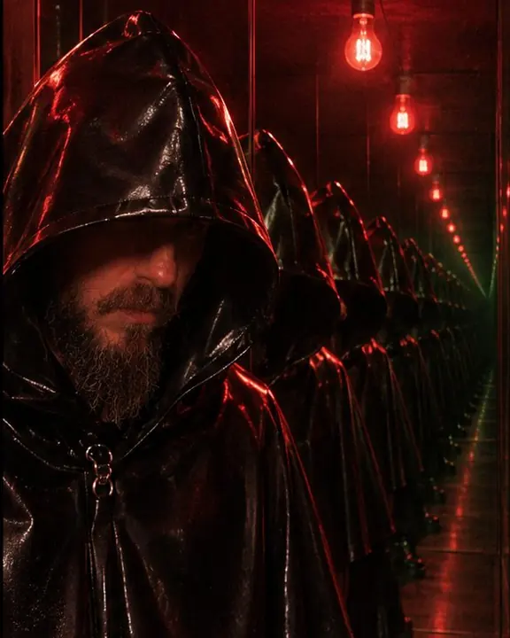 A man with a glossy leather hood up, a corridor of hooded shapes under repeating red bulbs behind him