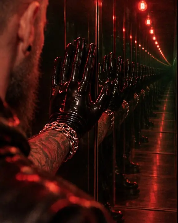 A man's black latex-gloved hand pressed to a mirror, the hand repeated endlessly into a dark red corridor