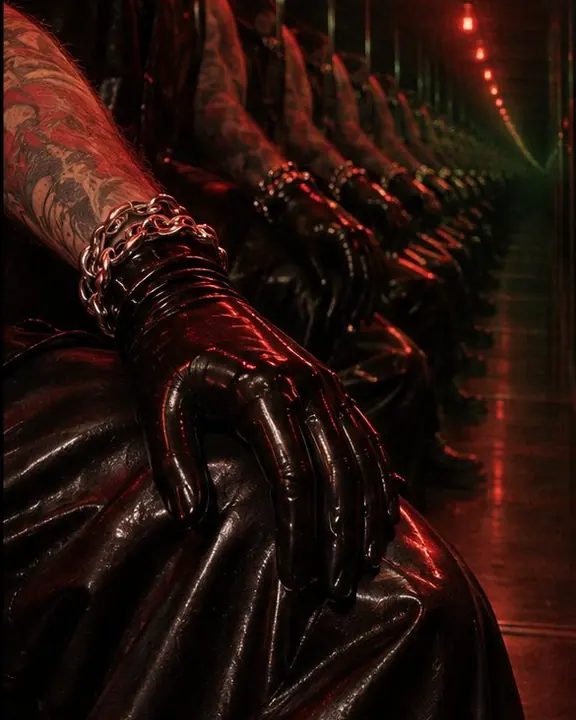 Detail of a black latex glove on glossy leather, the pair repeated again and again in red-lit mirrors