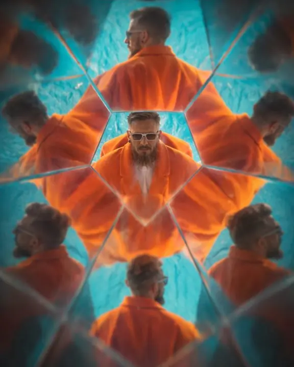 An orange coat and silhouette dissolving into an abstract mandala, a man's face barely readable at center