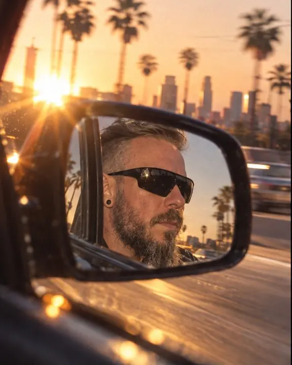 A bearded man's face in a car side mirror, palm trees streaking behind and the setting sun flaring into the lens
