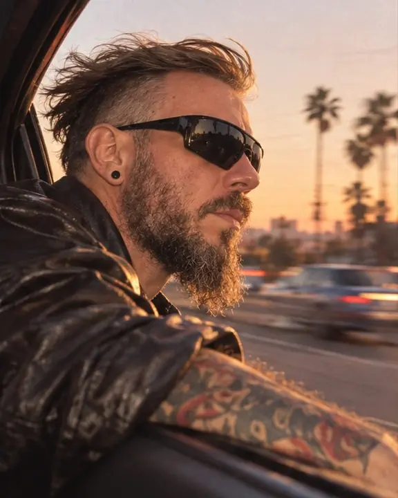 A bearded man leans out of a passenger window in a black leather jacket, wind in his hair, the LA freeway smeared
