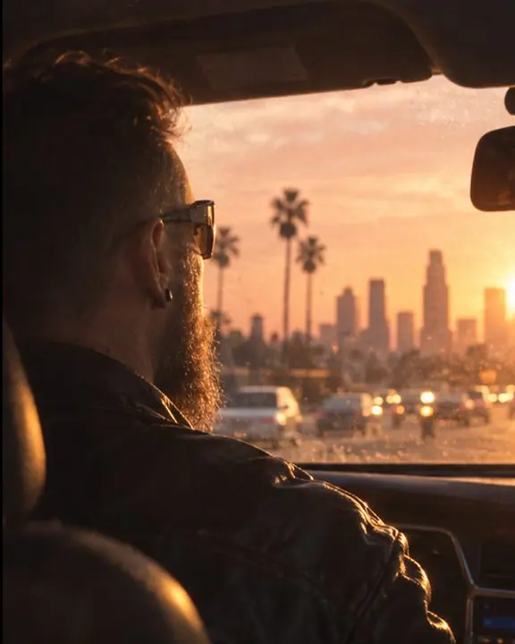 Silhouette of a man in a car seen through the windshield from the back seat against a pink smoggy sunset sky