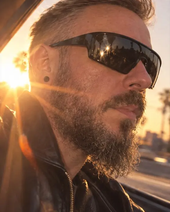 Close-up of a bearded man in black wraparound sunglasses reflecting the road, warm sun flare across his face