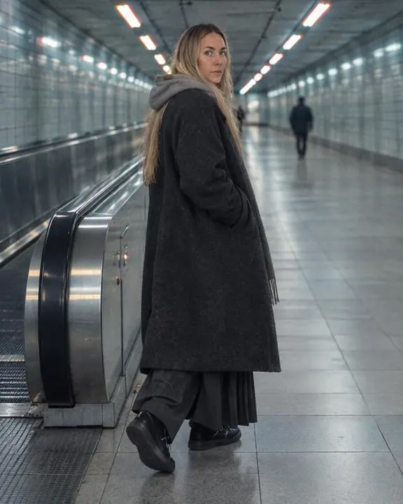 A woman with long blond hair steps off the walkway onto tiles, hands in coat pockets, glancing back down an empty tunnel