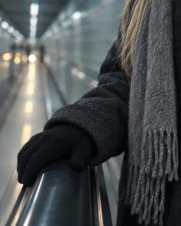 A black knit glove on a moving rubber handrail beside a fringed gray wool scarf and a coat cuff, floor lights streaked