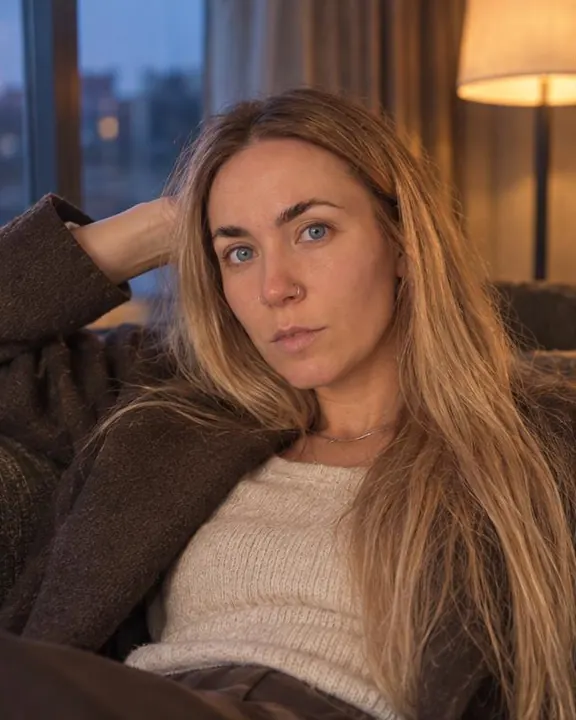 A woman with long blond hair reclines on a deep sofa, coffee jacket open, warm lamp on one cheek, blue window on the other