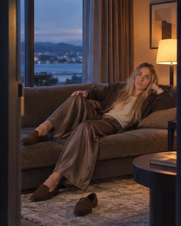 Through a doorway, a woman with long blond hair lies along a sofa, one loafer off, amber lamp and blue window on either side