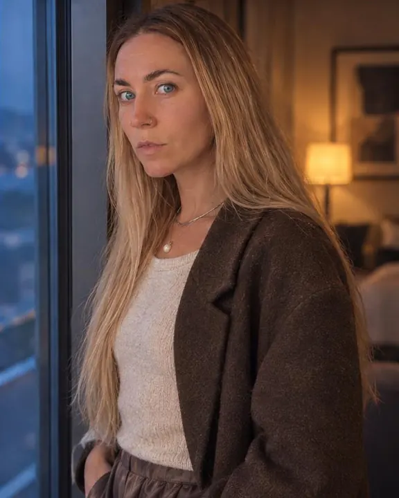 A woman with long blond hair leans on a window frame at dusk, half her face lit blue, her jacket shoulder lit amber behind