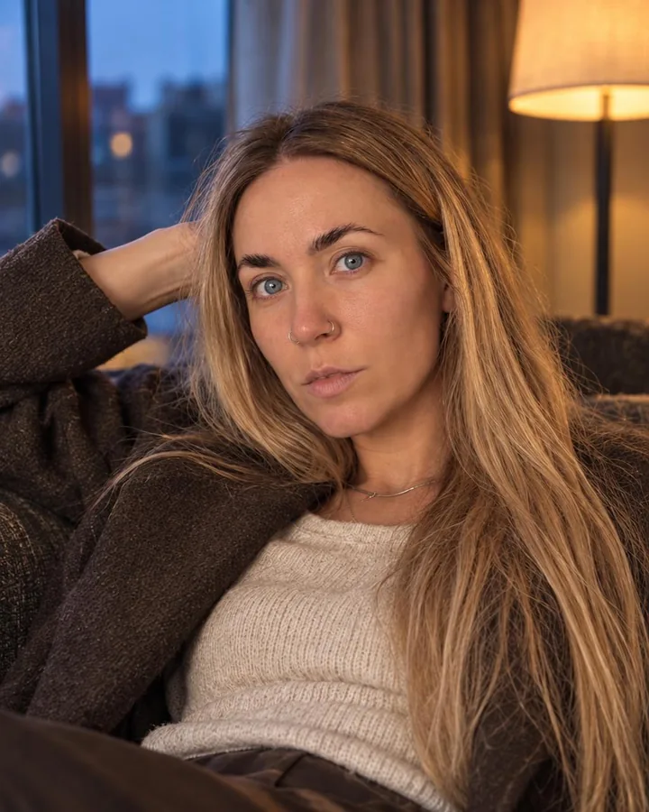 A woman with long blond hair reclines on a deep sofa, coffee jacket open, warm lamp on one cheek, blue window on the other
