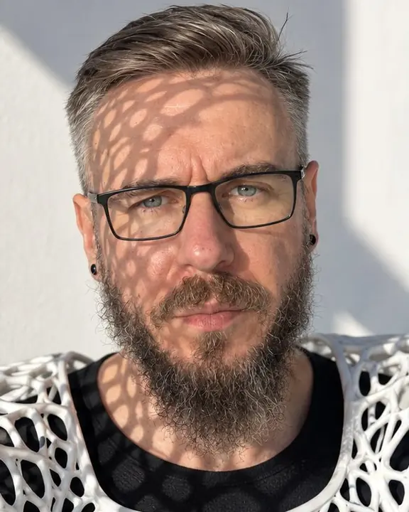 Head and shoulders of a bearded man, a lattice shadow falling across his face like a fine net, eyes in light