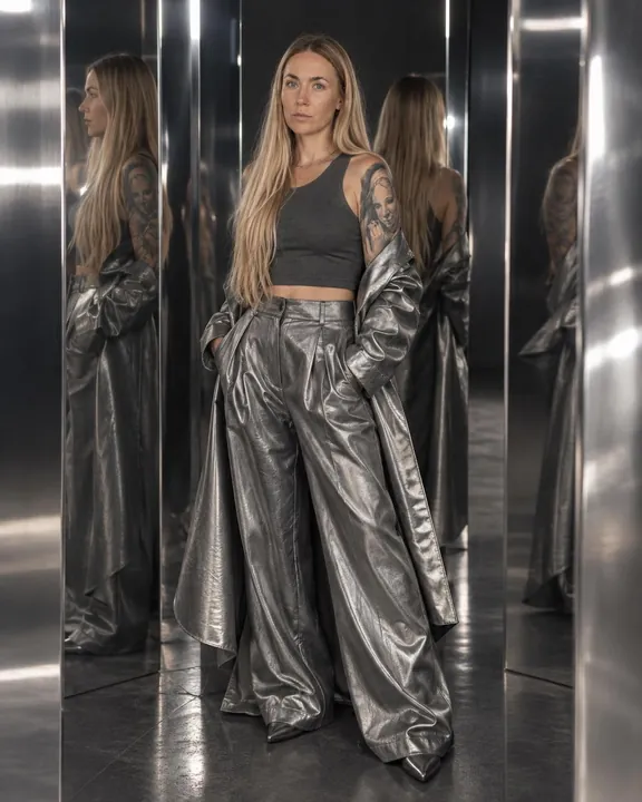 Full-length woman with long blond hair in wide silver trousers and long coat, repeated in the steel panels around her