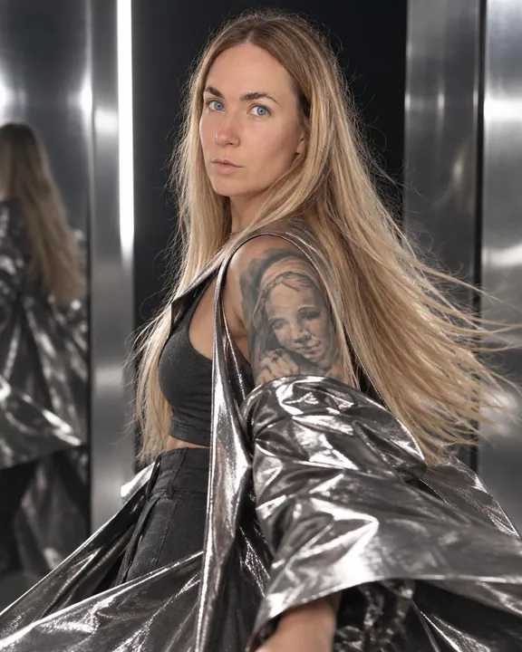A woman with long blond hair turns on the spot, hair flying, a silver metallic coat flaring out around her arm
